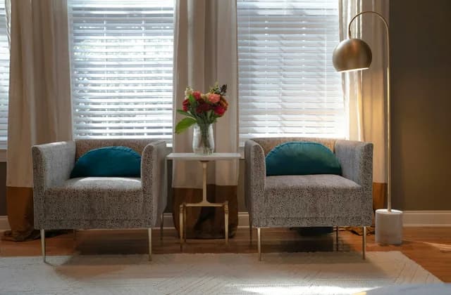 Living room with white blinds on two tall windows