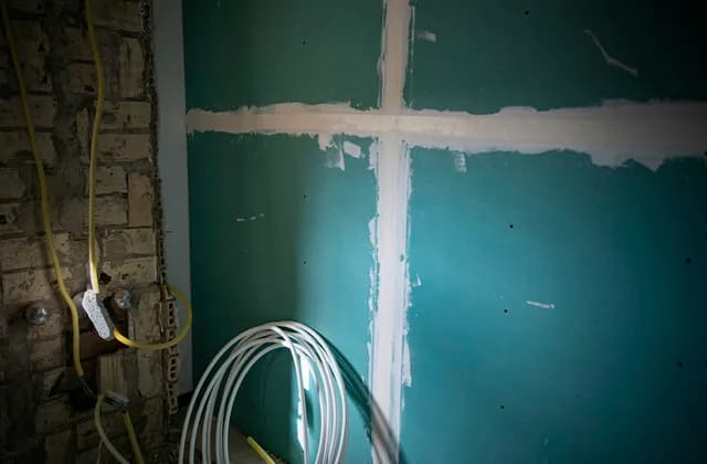 Parede de drywall com chapas verdes resistentes à umidade e juntas já tratadas