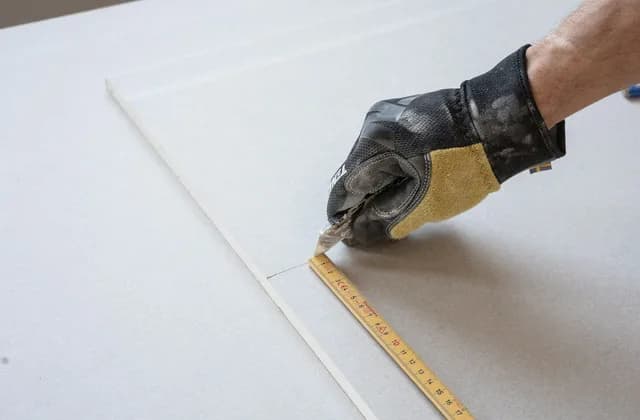 Gloved hand scoring a drywall sheet with a utility knife along a ruler