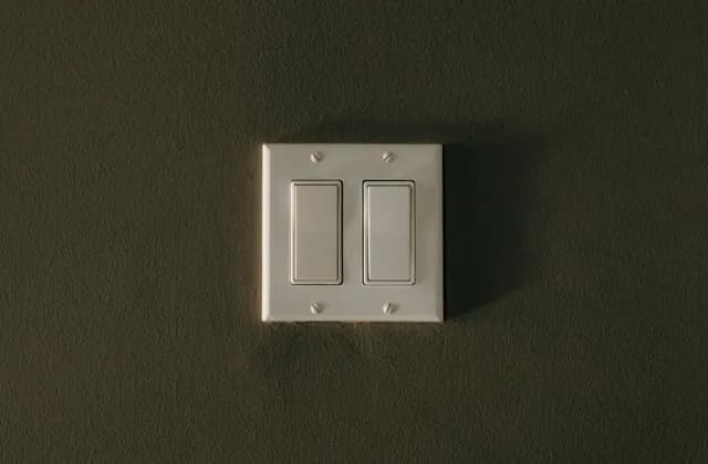 Placa con dos apagadores blancos en una pared de color oscuro