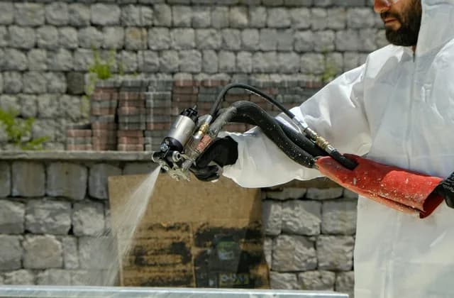 Persona con overol blanco rociando con una pistola a presión junto a un muro de piedra