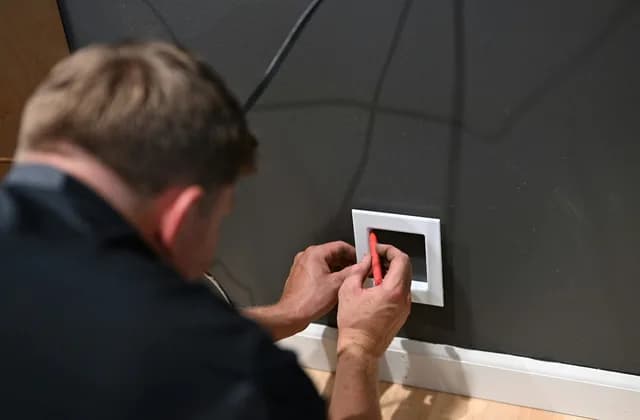 Handwerker markiert an einer dunklen Wand die Position eines Schalterrahmens