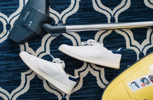 Vacuum cleaner head and white trainers on a patterned blue and cream carpet