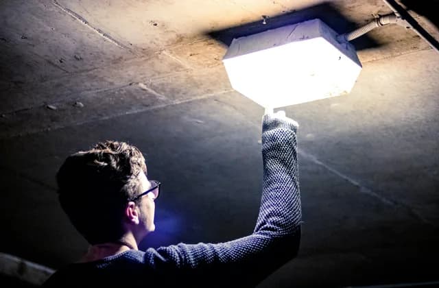 An electrician seen from behind reaching up to a ceiling light fitting in a dim concrete space