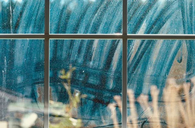 Vitre couverte de traces de mousse, vue à travers les carreaux d’une fenêtre