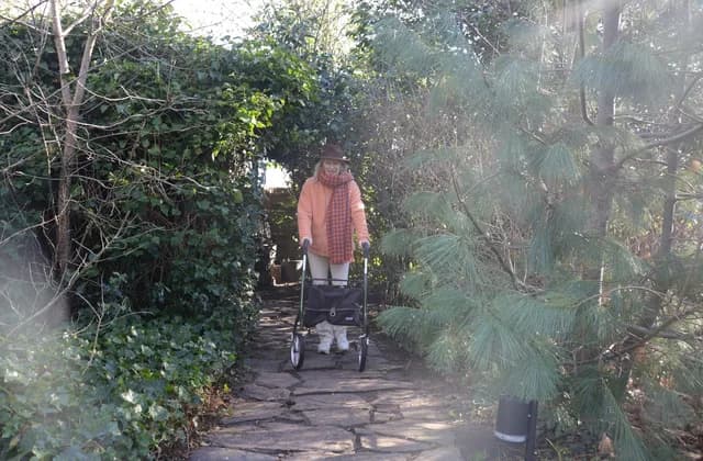 Ältere Frau mit Rollator auf einem Gartenweg zwischen Bäumen