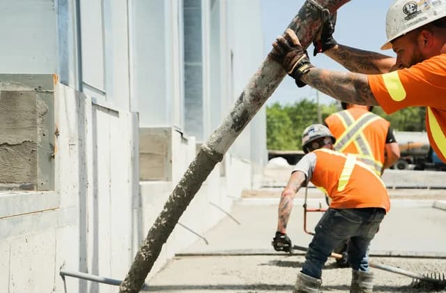 Construction workers in hard hats and orange hi-vis shirts guiding a concrete pump hose beside a new concrete wall on a building site