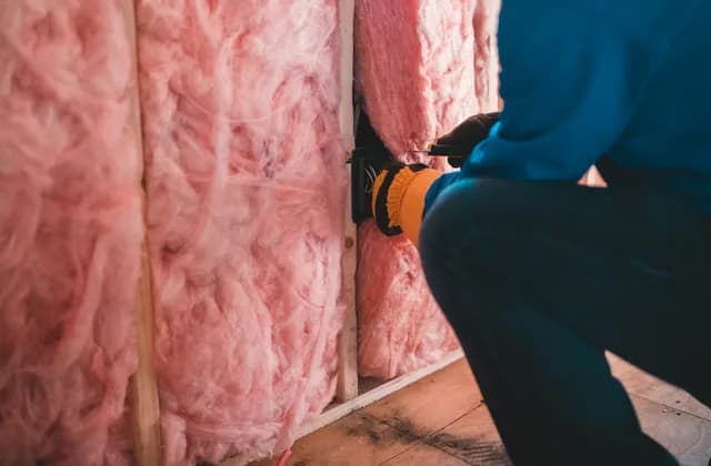 Lana mineral instalada entre los montantes de un muro interior, con un operario trabajando en el hueco