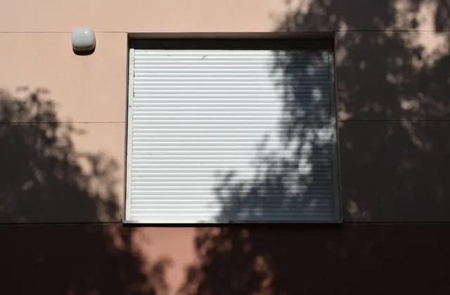 Ventana de una vivienda con la persiana enrollable bajada y sombras de un árbol sobre la fachada