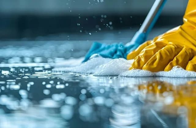 Hand im gelben Gummihandschuh wischt mit einem blauen Tuch einen nassen, schaumigen Boden