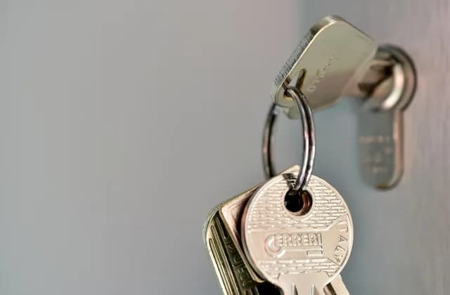 Schlüsselbund steckt in einem Profilzylinder einer Haustür
