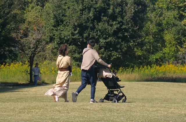 Deux adultes poussant une poussette sur une pelouse de parc, vus de dos