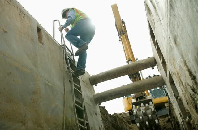Bauarbeiter mit Warnweste und Helm steigt über eine Leiter aus einem verbauten Graben; oben am Grabenrand steht ein Bagger