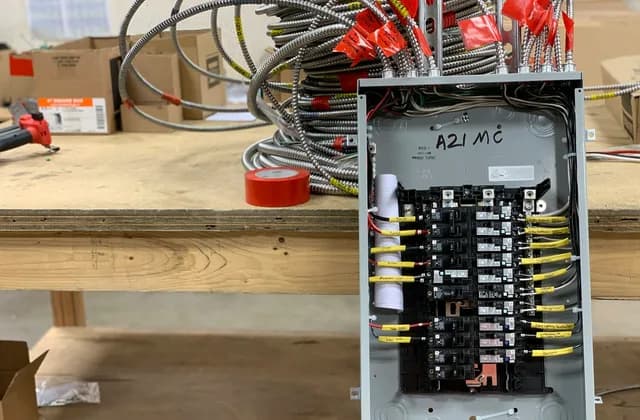 Atölye masasında kabloları bağlanmış, sigortaları sıralanmış açık bir elektrik panosu