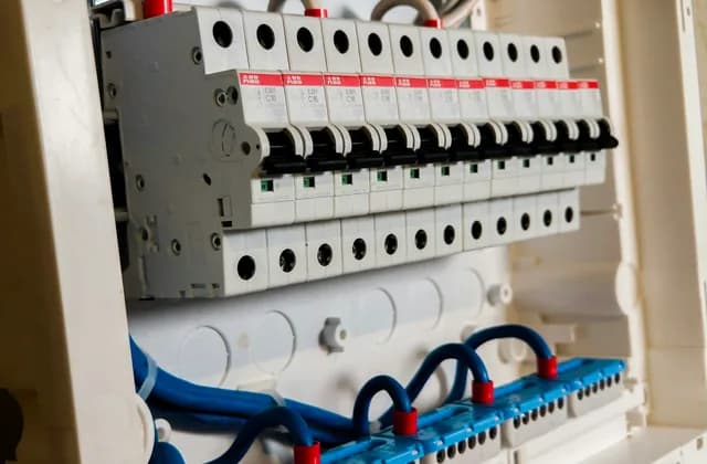 Bir dairenin sigorta kutusunda yan yana dizilmiş beyaz otomatik sigortalar; altta mavi kablolar ve kırmızı uçlu dağıtım barası