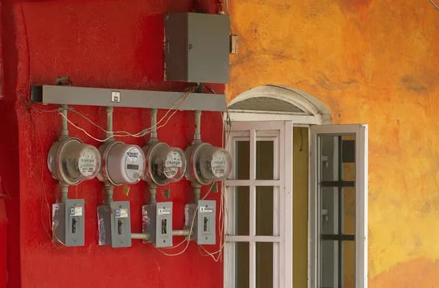 Kırmızı boyalı bir dış duvarda yan yana dizilmiş dört elektrik sayacı ve altlarındaki sigorta kutuları