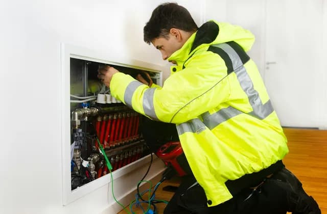 Handwerker in Warnjacke arbeitet an einem Heizungsverteiler mit roten Ventilen