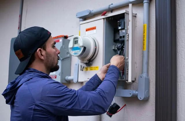 Dış duvardaki sayaç panosunda çalışan elektrikçi