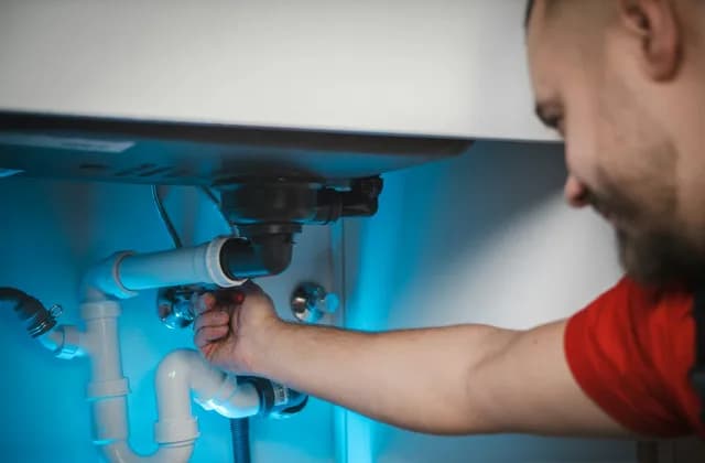 Lavabo altındaki sifon ve su borularını elle kontrol eden tesisatçı