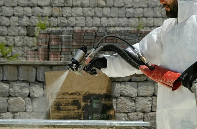 Beyaz tulumlu bir ilaçlama uygulayıcısı sırt pompasıyla dış duvar dibine ilaç sıkıyor