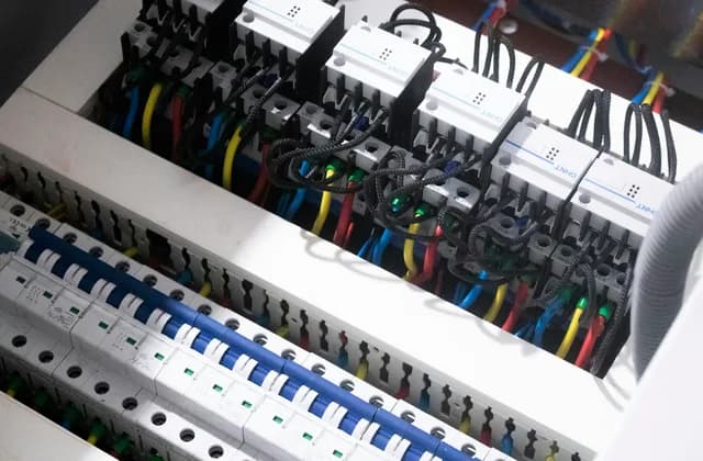 Düzenli kablolanmış bir elektrik panosunda sıra sıra otomat sigortalar ve renkli kablolar