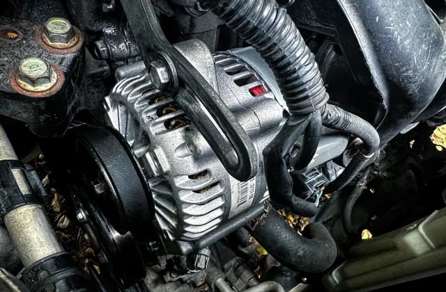 Araç motor bölmesinde alternatör ve kayış kasnağı yakın plan